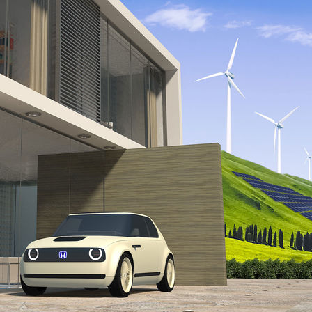 Vista delantera de tres cuartos del Honda Urban EV Concept con energía renovable.