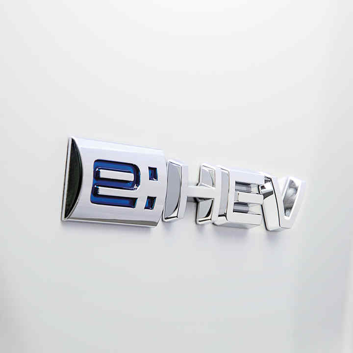 Primer plano del logotipo e:HEV en la carrocería