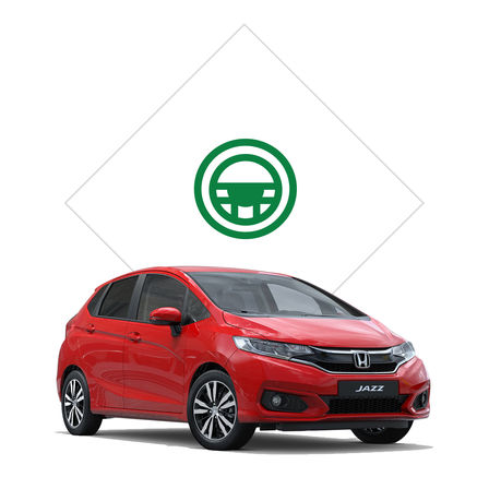 Vista frontal de tres cuartos del Honda Jazz con ilustración de la prueba.