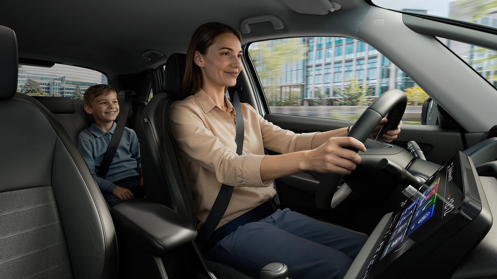 Primer plano del volante del Honda Jazz Hybrid.