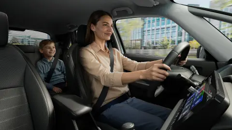 Primer plano del volante del Honda Jazz Hybrid.