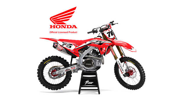 Vista lateral de motos Honda con kit de calcomanías Factory Racing.