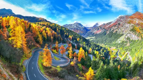 Impresionante vista de la carretera en el puerto de Maloja en otoño. Colorida escena otoñal de los Alpes suizos. Ubicación: Puerto de Maloja, región de Engadina, cantón de los Grisones (Suiza)