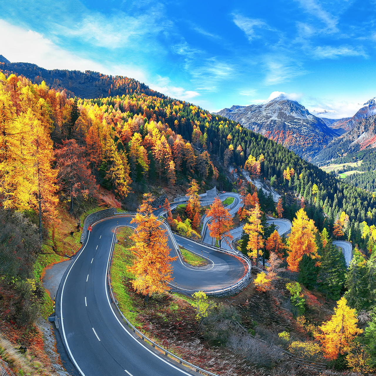 Impresionante vista de la carretera en el puerto de Maloja en otoño. Colorida escena otoñal de los Alpes suizos. Ubicación: Puerto de Maloja, región de Engadina, cantón de los Grisones (Suiza)
