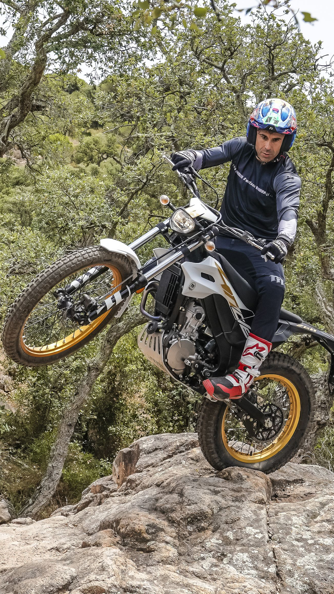 Conductor levantando la rueda delantera de una Montesa 4RIDE en un sendero rocoso de un bosque.