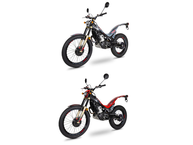 Honda Montesa Cota 301RR vista frontal de tres cuartos del lateral izquierdo en Fighting Red y Sonic Grey