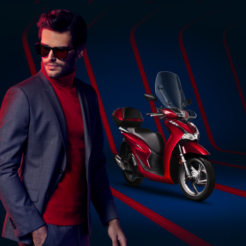 Honda SH125i, vista frontal de tres cuartos del lateral derecho
