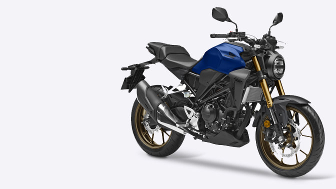 Vista frontal de tres cuartos de la Honda CB300R Neo Sports Café.