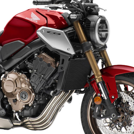 CB650R Neo Sports Café, lateral derecho, primer plano del motor y la rueda delantera, en estudio