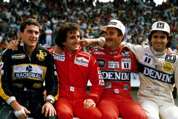 Mucho talento en una sola foto: Ayrton Senna, Alain Prost, Nigel Mansell y Nelson Piquet, en el GP de Portugal de 1986